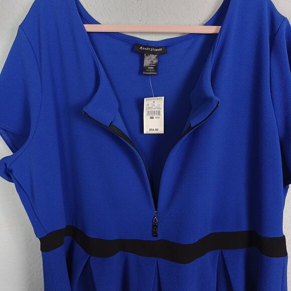 NWT ASHLEY STEWART Womens Plus 26/28 Royal Blue Midi Dress‎ Short Sleeve Zip - Picture 3 of 8